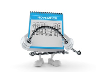 Calendar character holding barbed wire