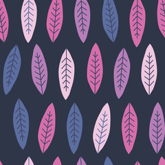 Plant leaves freehand color vector seamless pattern. Pink, purple, violet, blue leafage on black background. Cartoon foliage flat illustration. Decorative textile, wrapping paper design idea