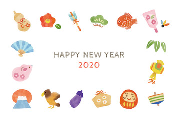 2020年子年　お正月縁起物水彩画イラスト年賀状