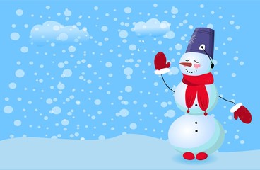 Snowman with a bucket on his head. Cute winter character made of snow. Blue background. Vector illustration. Christmas and New Year..