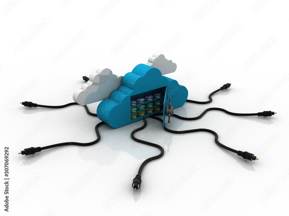Poster 3d rendering aux cable connected globe with cloud folder storage