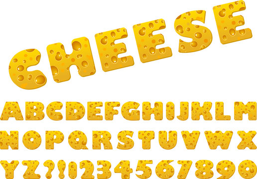 Set of vector cheese slice font and alphabet.