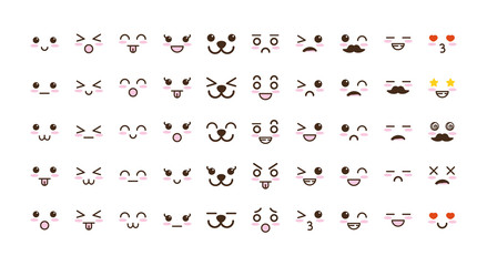 Fototapeta na wymiar bundle of faces kawaii characters