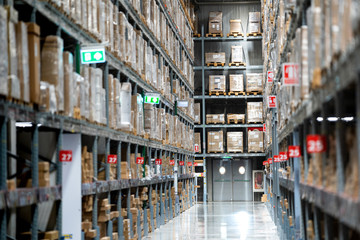 Background of warehouse or storehouse industrial and logistic company.Warehousing on the floor and called the high shelves