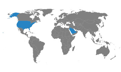 Fototapeta na wymiar USA, Saudi arabia map highlighted blue on world map gray background