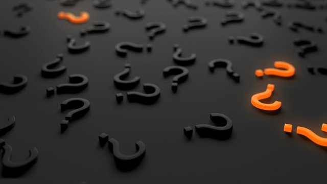 Punctuation marks as a background. Contrasting symbols highlighted in orange. On a dark background question mark, exclamation mark, e-mail, hashtag. The animation is looped.