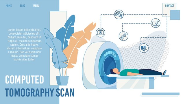 Computed Tomography Scan Medical Service. Trendy Flat Design Landing Page for Clinic Offering Hardware Examination, Diseases Detection and Treatment. Vector Cartoon Patient in Tomograph Illustration