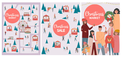 Collection of Christmas Market posters with Store and People selling and shopping at walking street, drinking cocoa and having a rest with their family. Editable vector illustration