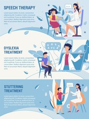 Informational Trendy Flat Header Banner Advertising Kids Speech Disorders Therapy. Cartoon Medical Specialist Training Children Online or at Personal Appointment. Vector Healthcare Illustration