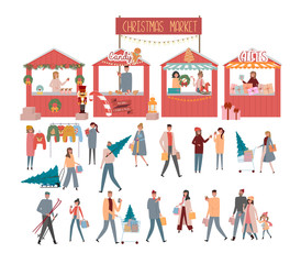 Set of elements and people on the Christmas Market for create holiday poster, greeting card and promotion banner. Store and People selling and shopping at walking street. 