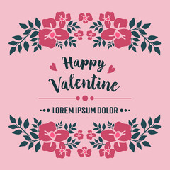 Lettering text of happy valentine, with sketch ornament leaf flower frame. Vector