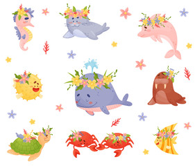 Cute Set Of Cartoon Sea Animals And Fish Vector Illustrations