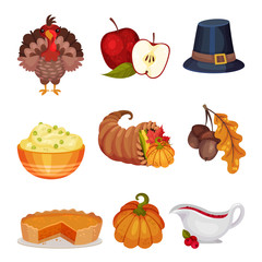 Thanksgiving Symbols Vector Set. Festive Traditional Volume Items Collection
