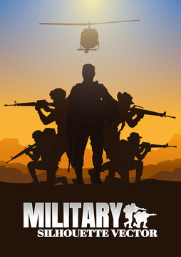 Military Vector Illustration, Army Background, Soldiers Silhouettes.