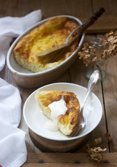 Banitsa, a traditional Bulgarian or Balkan filo pastry pie stuffed with feta cheese, sour milk and eggs. Rustic style.