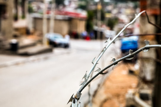 Close up of Razor Barb Wire on a fence in Urban South African Township