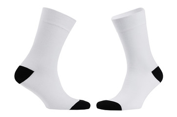 Blank white cotton long sock with black heel on invisible foot isolated on white background as mock up for advertising, branding, design, front side, side view, template.