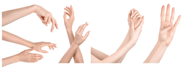 Multiple images set female caucasian hands isolated white background showing different gestures. Collage of hands of a girl with manicure 