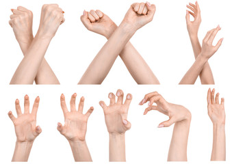 Multiple images set female caucasian hands isolated white background showing different gestures. Collage of hands of a girl with manicure 