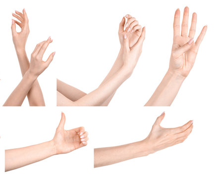 Multiple images set female caucasian hands isolated white background showing different gestures. Collage of hands of a girl with manicure 