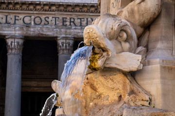 Fototapeta na wymiar Fountain with sculpture of fish near the Pantheon temple in Rome