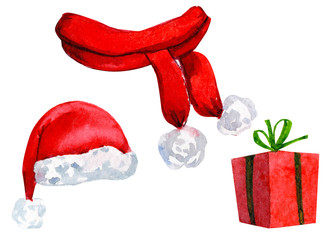 Set of elements red hat, scarf, gift on an isolated white background, watercolor illustration, hand drawing, greeting card. Christmas holiday
