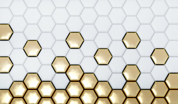Abstract background of white and gold hexagons. 3D rendering.