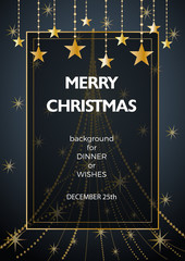 Christmas decorations with copy space in a frame and text on gray background for cover, invitation, dinner or greeting