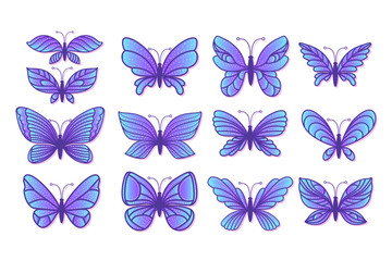Set hand drawn butterfly with various blue wings. Colorful magic girlish fashion cliparts. Vector stock illustration isolated on white