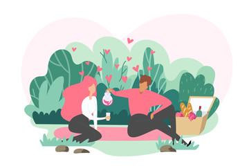 Vector Illustration for Valentine's day. Woman and man are at the picnic in park. Couple has a date in a beautiful park at the day. 