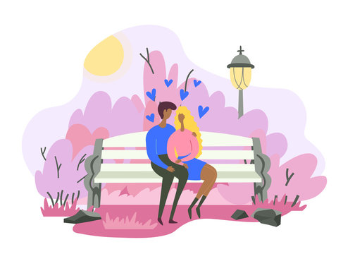 Vector Illustration for Valentine's day. Woman and man are siting together on bench in park under lantern. Couple has a date in a beautiful park at the day. 
