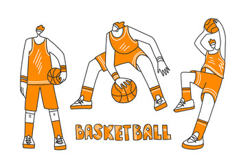 Vector collection of lined doodle and hand draw illustration of basketball players. Man playing in basketball, throwing a ball into basket, playing with ball and standing stright. Professional