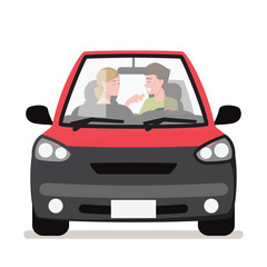 Young couple in his car, happy to drive on a  road