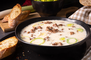 Delicious cheese and leek soup with minced meat