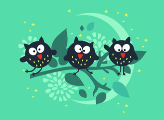 Naklejka premium Cartoons owls are sitting on a tree branch, vector illustration