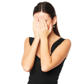 Sign Palmface. Young woman crying