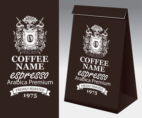 Paper brown packaging with label for freshly roasted coffee bean. Vector coffee label with hand drawn medieval coat of arms, inscriptions and paper 3d package with this label.