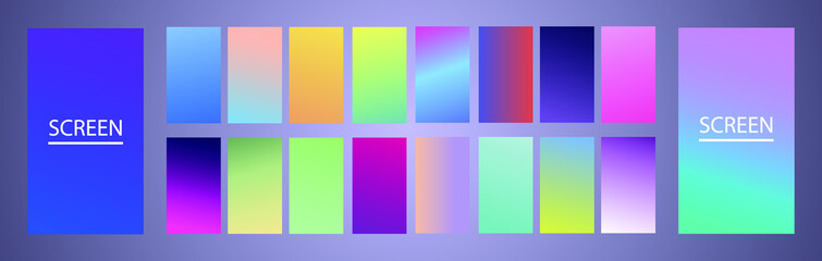 Obraz premium Vector EPS 10 Gradient Set. Different colors. Modern Smartphone screen, mobile app Template. Design for Wallpaper, background, banner, flyer, Social media post. 