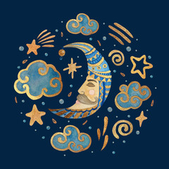 Watercolor illustration with the moon, stars, and clouds. Gold watercolor on the dark background. Kids watercolor night illustration. Ideal for children's textiles, greeting cards, posters, backdrops.