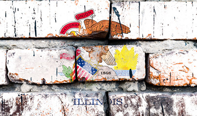 Illinois grunge, damaged, scratch, old style united states flag on brick wall.