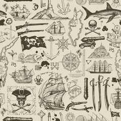 Vector abstract seamless pattern on the pirate theme with hand-drawn sketches and blots. Vintage background with skulls, crossbones, flag, swords, guns, sailboats, islands and other nautical symbols