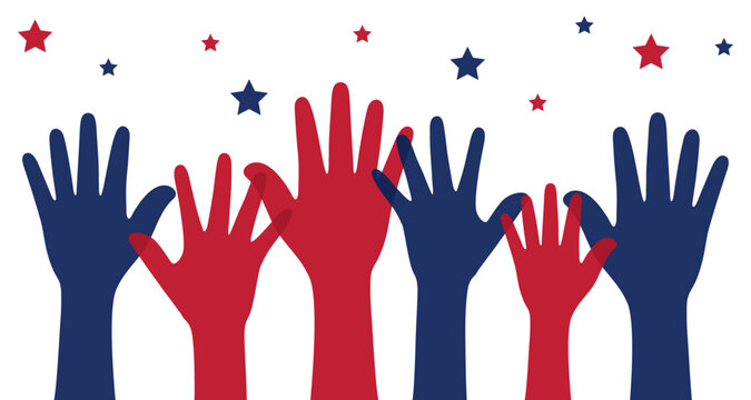 Silhouette of blue and red colored raising hands as United States of America Flag symbol.  United States elections concept.