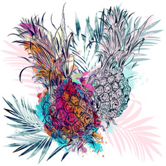 Naklejki  Letni projekt plakatu wektorowego z kolorowymi ananasami i liśćmi palmowymi