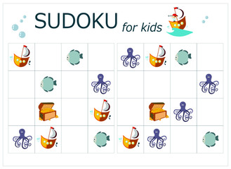 Sudoku for kids. Sudoku. Children's puzzles. Educational game for children. sea world, pirat