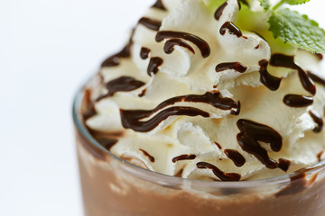 Chocolate frappuccino with whipped cream and chocolate sauce 