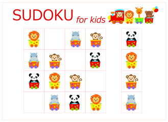 Sudoku for kids. Sudoku. Children's puzzles. Educational game for children. circus animals go by train (monkey, lion, giraffe, panda, hippopotamus, bear)