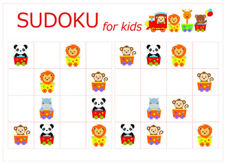 Fototapeta na wymiar Sudoku for kids. Sudoku. Children's puzzles. Educational game for children. circus animals go by train (monkey, lion, giraffe, panda, hippopotamus, bear)