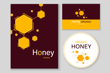Honey labels and beekeeping logo. Food sweet, insect and cell, honeycomb and beeswax, comb and wax. Vector illustration © luxcor