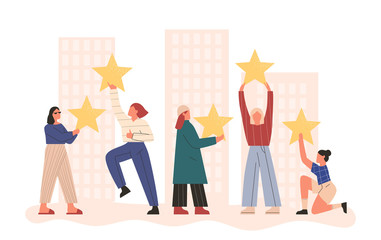Bundle of woman holding stars on abstract background. Costumer product review. Woman giving positive feedback. Satisfied consumer concept. Flat vector illustration