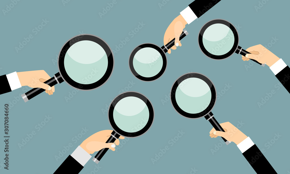 Poster hands holding a magnifying glass. concept of searching, detecting and analyzing. vector illustration